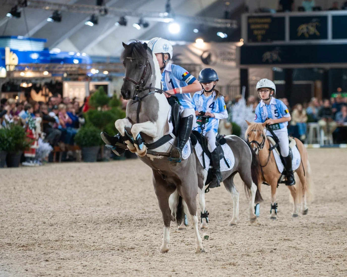 Drie jonge ruiters van Gantoise in clubtrui op hun pony's