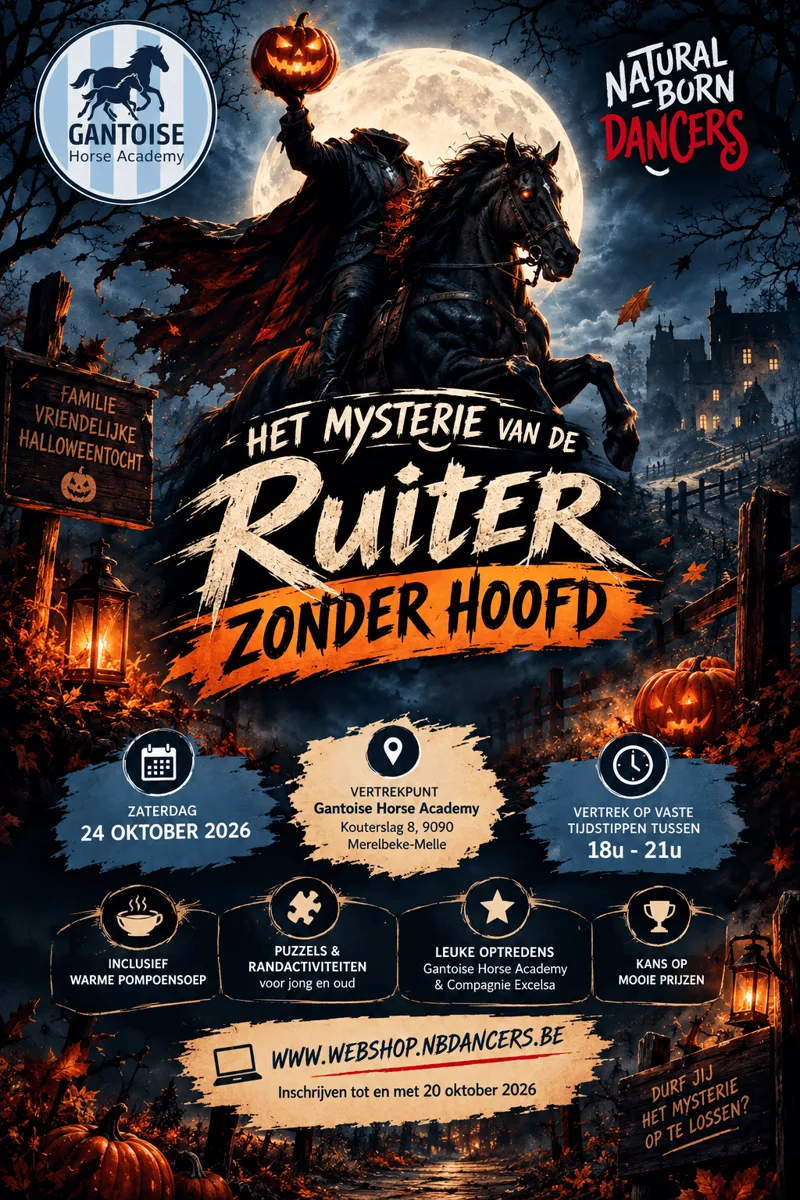 Affiche van de halloweentocht Het mysterie van de Ruiter Zonder Hoofd op 24 oktober 2026