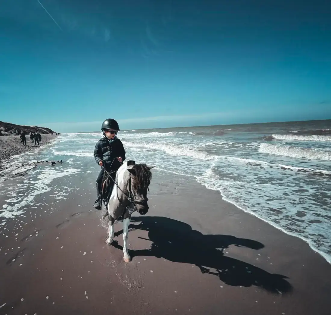 Ruiter op een pony langs de vloedlijn
