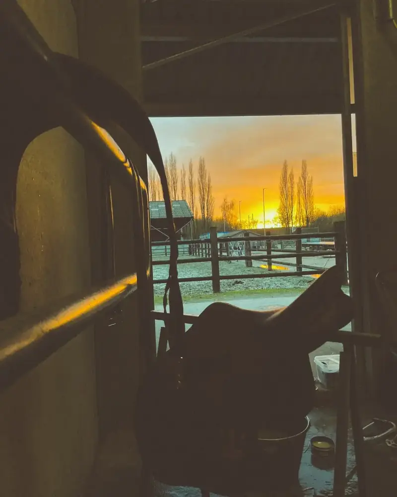 Zonsondergang gezien vanuit de stal